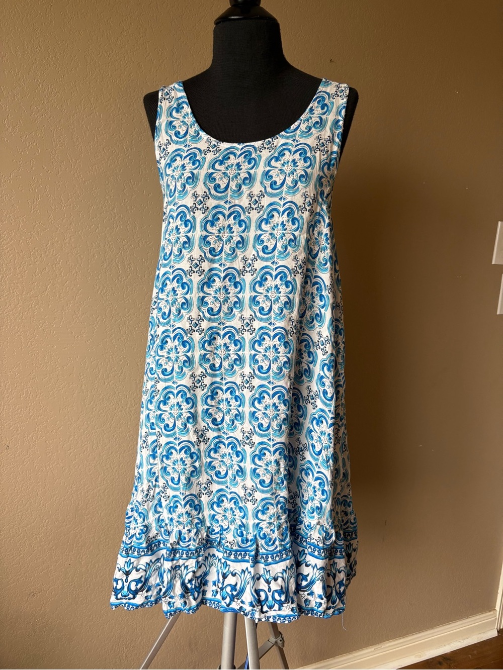 Suzanne Betro Dress Womens Med Blue Round Neck Sleeveless Casual Pullover Ruffle